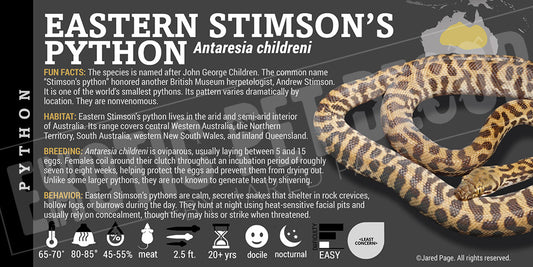 Antaresia childreni 'Eastern Stimson's' Python snake label